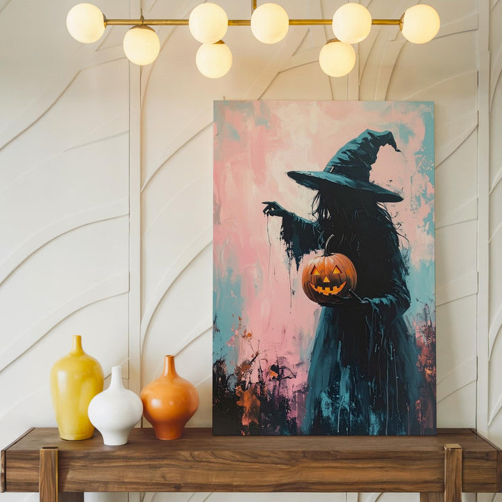 Witch & Lantern Silhouette Canvas – Soft Impressionist Halloween Art - Gifitto