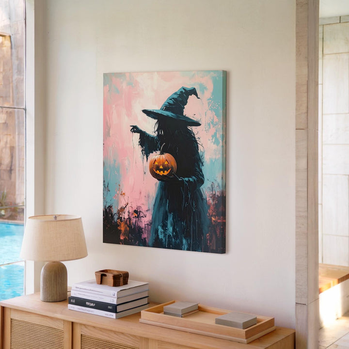 Witch & Lantern Silhouette Canvas – Soft Impressionist Halloween Art - Gifitto