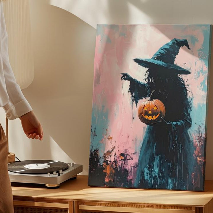 Witch & Lantern Silhouette Canvas – Soft Impressionist Halloween Art - Gifitto