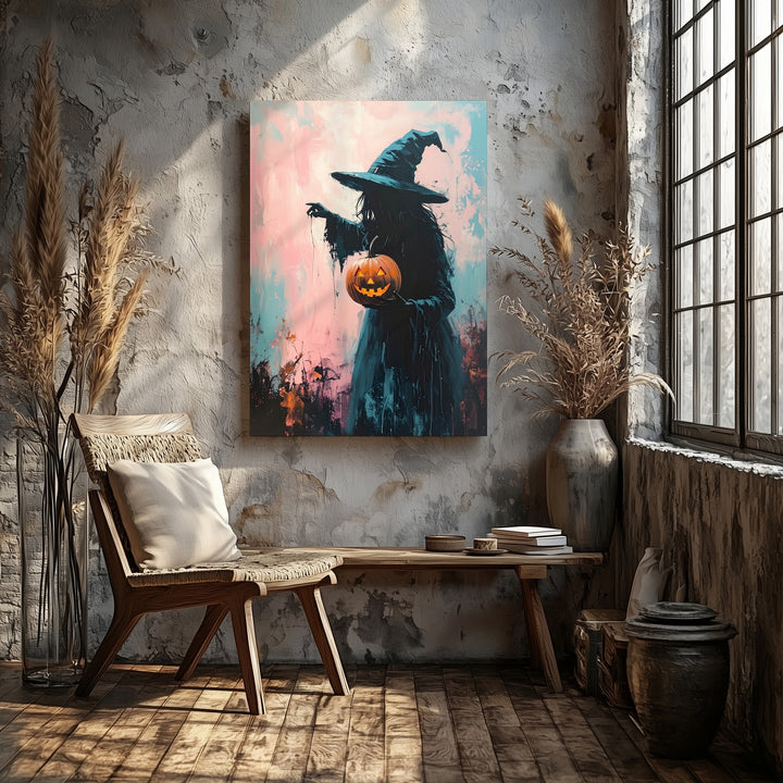 Witch & Lantern Silhouette Canvas – Soft Impressionist Halloween Art - Gifitto