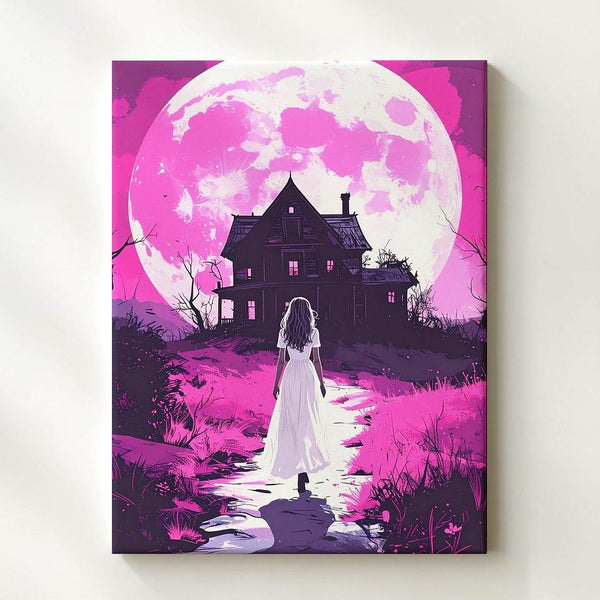 White Dress & Abandoned House Canvas – Ominous Pink Moon Halloween Art - Gifitto