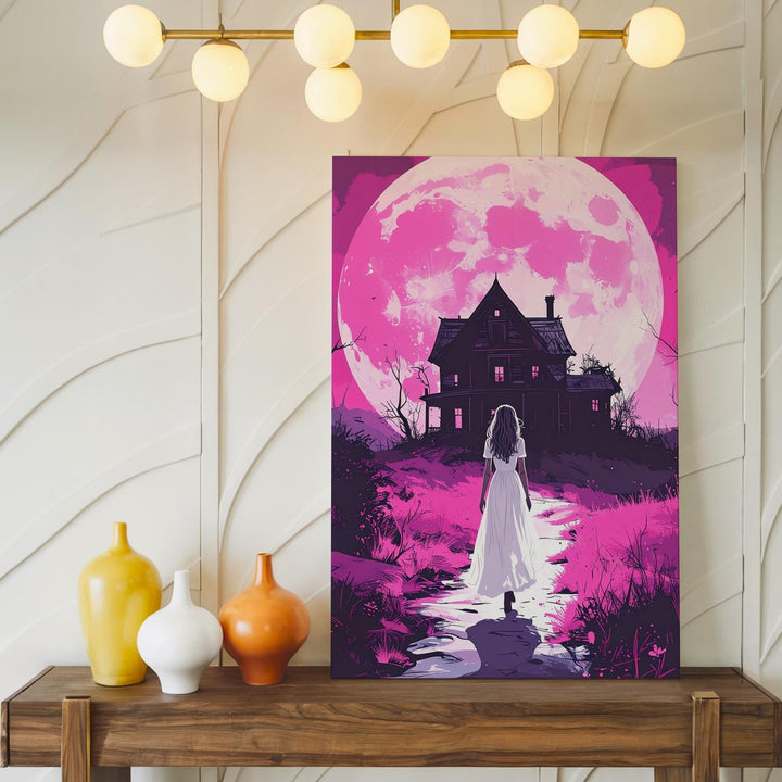 White Dress & Abandoned House Canvas – Ominous Pink Moon Halloween Art - Gifitto
