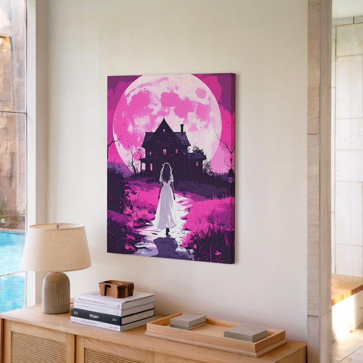 White Dress & Abandoned House Canvas – Ominous Pink Moon Halloween Art - Gifitto