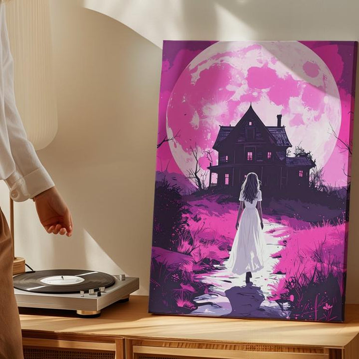 White Dress & Abandoned House Canvas – Ominous Pink Moon Halloween Art - Gifitto