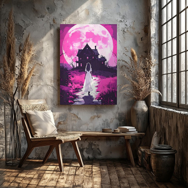 White Dress & Abandoned House Canvas – Ominous Pink Moon Halloween Art - Gifitto