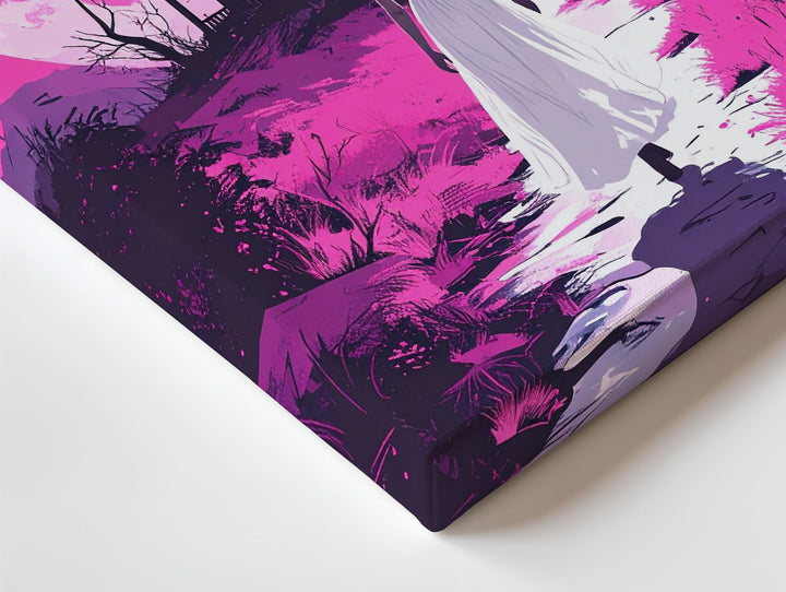 White Dress & Abandoned House Canvas – Ominous Pink Moon Halloween Art - Gifitto