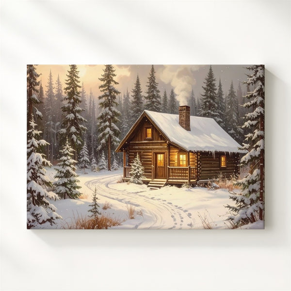 Cozy Log Cabin Canvas – Snowy Pine Forest Christmas Retreat - Gifitto