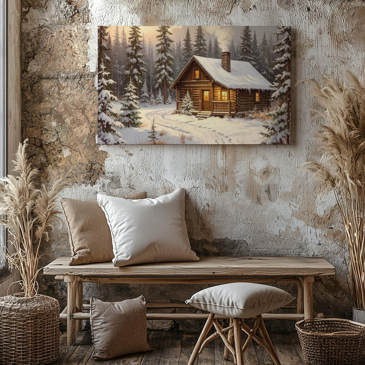 Cozy Log Cabin Canvas – Snowy Pine Forest Christmas Retreat - Gifitto
