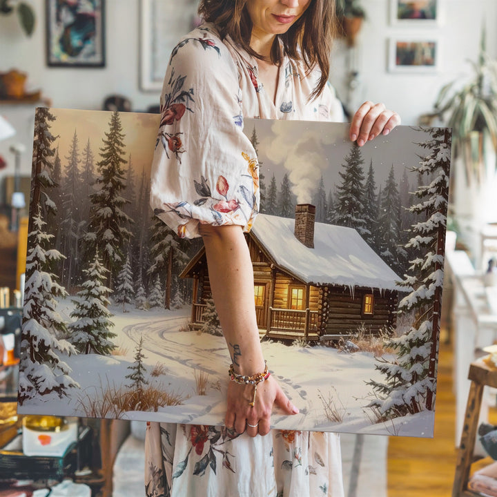 Cozy Log Cabin Canvas – Snowy Pine Forest Christmas Retreat - Gifitto